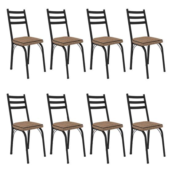 Imagem de Kit 8 Cadeiras de Cozinha Luisiana Estampado Rattan Bege Pés de Ferro Preto - Pallazio