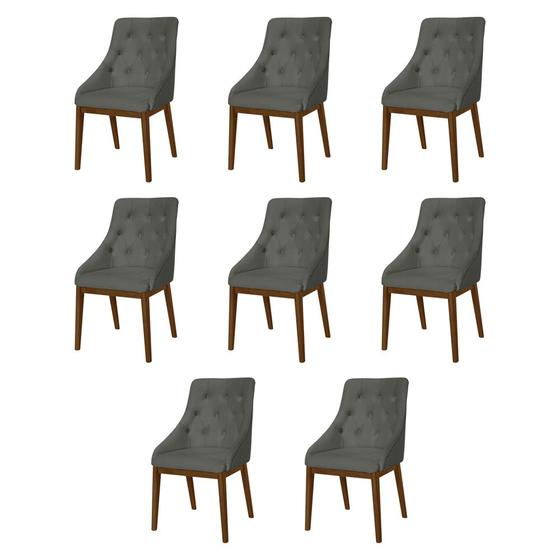Imagem de Kit 8 Cadeiras de Jantar Elisa Nobre Estofada Capitonê Linho Chumbo Base Madeira Maciça Imbuia