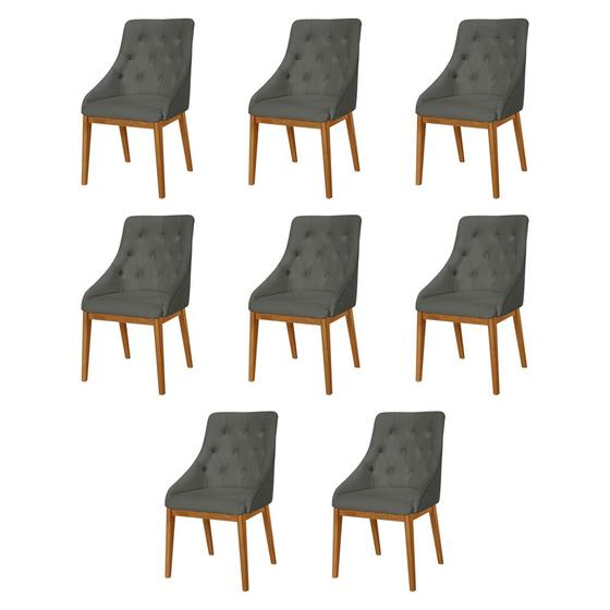 Imagem de Kit 8 Cadeiras de Jantar Luxo Estofada Elisa Anatômica Capitonê Linho Chumbo Base Madeira Maciça Mel