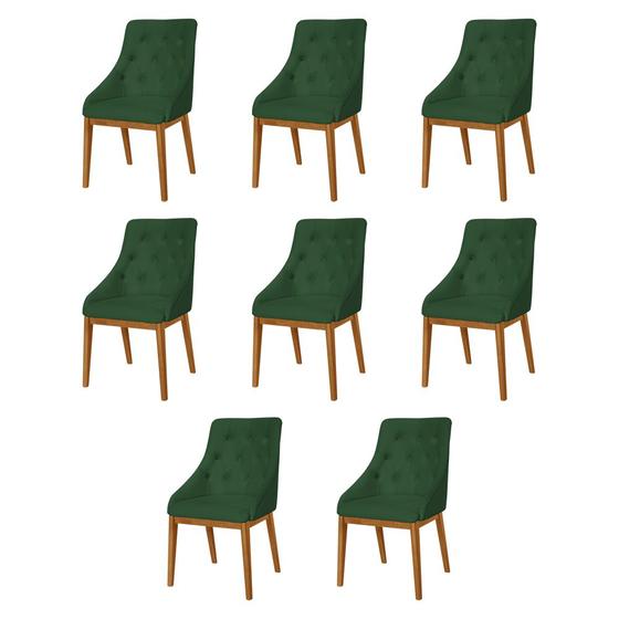 Imagem de Kit 8 Cadeiras de Jantar Luxo Estofada Elisa Anatômica Capitonê Veludo Verde Base Madeira Maciça Mel