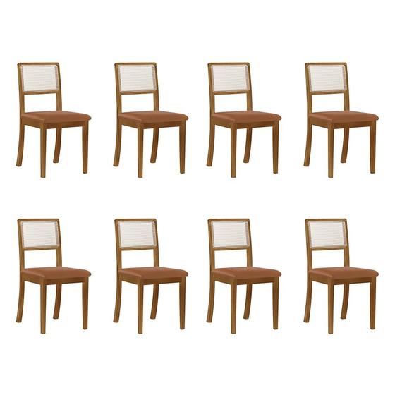 Imagem de Kit 8 Cadeiras de Jantar Luxo Madeira Maciça Mel Encosto Telinha Palha Estofada Couro Pu Caramelo Ru
