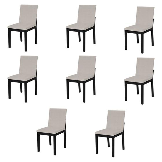 Imagem de Kit 8 Cadeiras de Jantar Pérola Estofado Liso Linho Bege Base Madeira Maciça Preto 