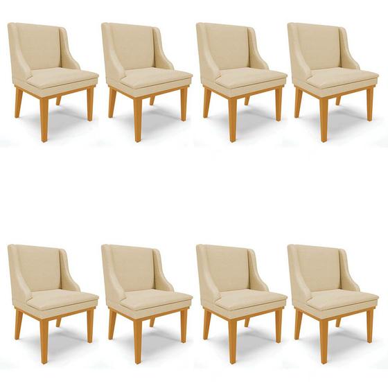 Imagem de Kit 8 Cadeiras Estofadas para Sala de Jantar Base Fixa de Madeira Castanho Lia Veludo Off White - Ibiza