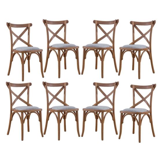 Imagem de Kit 8 Cadeiras  para Mesa de Jantar Estofada Katrina 43x86Cm Madeira Maciça Mel Linho Cinza L62 - RMI