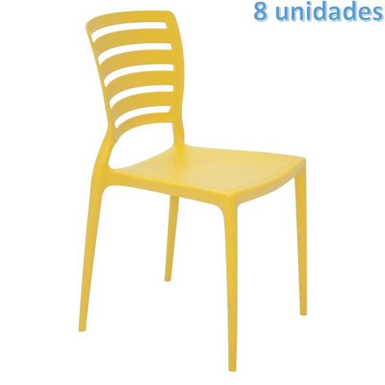 Imagem de Kit 8 cadeiras plastica monobloco sofia amarela encosto vazado horizontal tramontina