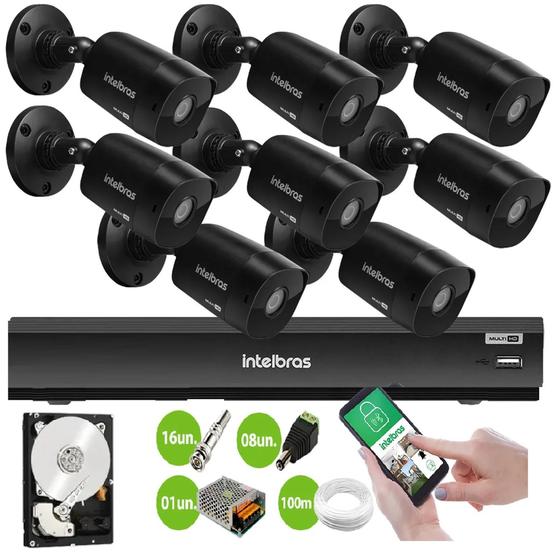 Imagem de Kit 8 Câmeras Black Intelbras VHD 1220 B Full HD 1080p + DVR Intelbras iMHDX 3008 + Acessórios +Hd