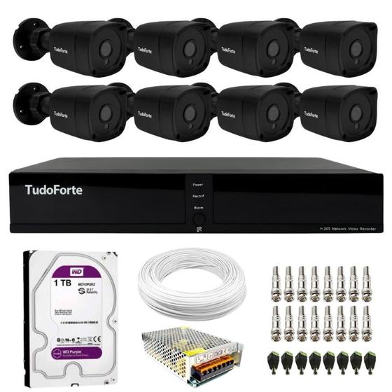 Imagem de Kit 8 Câmeras Bullet Black Tudo Forte TF 2020 B Full HD 1080p Visão Noturna 20M Proteção IP66 + DVR Tudo Forte TFHDX 3308 8 Canais + HD 1TB Purple