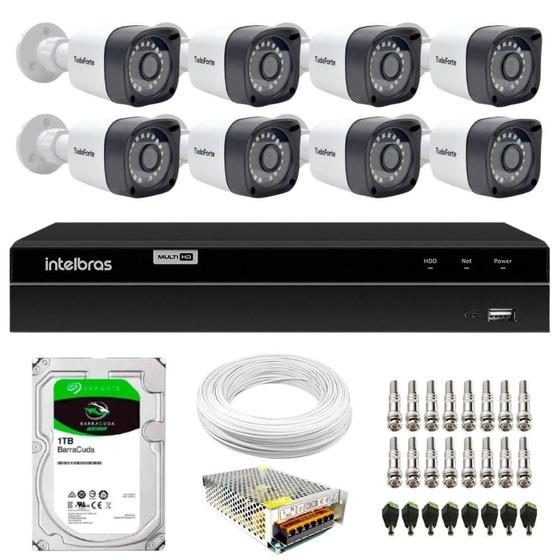 Imagem de Kit 8 Câmeras de Segurança Tudo Forte Full HD 1080p Bullet Visão Noturna Infravermelho 20m + DVR Intelbras MHDX 1208 8 Canais + HD 1TB Barracuda