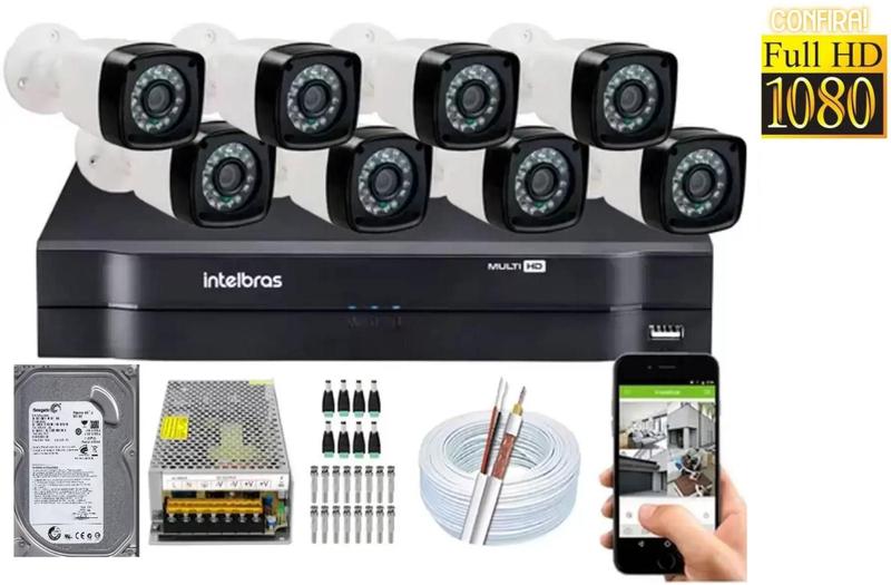 Imagem de Kit 8 Cameras Segurança 1080 Full Hd Dvr Intelbras 8ch mhdx Alta Resolução c/ Acessórios