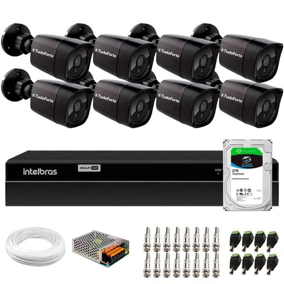 Imagem de Kit 8 Câmeras Segurança Black Full HD 1080p Infra 20 DVR Intelbras MHDX 1208 8 Canais HD 2TB SkyHawk