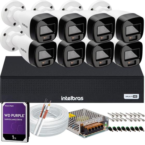 Imagem de Kit 8 Cameras Segurança Intelbras VHD 3220b+ Microfone Audio Full Color 1080p Dvr 3008c 1TB Purple