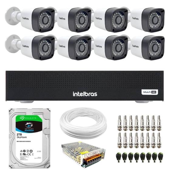 Imagem de Kit 8 Câmeras Tudo Forte TF 2020 B Full HD 1080p Bullet com Visão Noturna 20M Proteção IP66 DVR Gravador Intelbras MHDX 1108-C 8 Canais HD 2TB Skyhawk