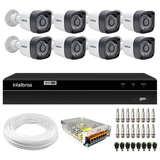 Imagem de Kit 8 Câmeras Tudo Forte TF 2020 B Full HD 1080p Bullet Visão Noturna 20M Proteção IP66 + DVR Intelbras MHDX 1308 8 Canais