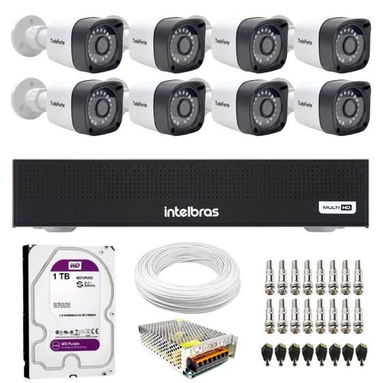 Imagem de Kit 8 Câmeras Tudo Forte TF 2020 B Full HD 1080p Bullet Visão Noturna 20M Proteção IP66 + DVR Intelbras MHDX 3008-C 8 Canais + HD 1TB Purple