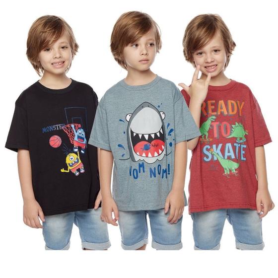 Imagem de Kit 8 Camisetas Infantil Juvenil Blusa Meninos Festa Passeio Desenhos Algodão Manga Curta Verão