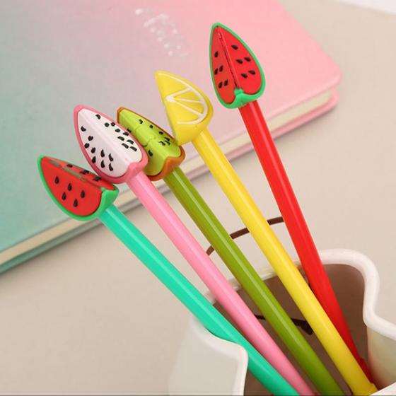 Imagem de Kit 8 canetas de gel com ponteira de frutas papelaria divertida