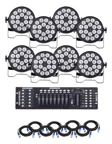 Imagem de Kit 8 Canhão 18 Leds Rgbwa Uv 6in1 Dj + Mesa Dmx C/cabos 2m