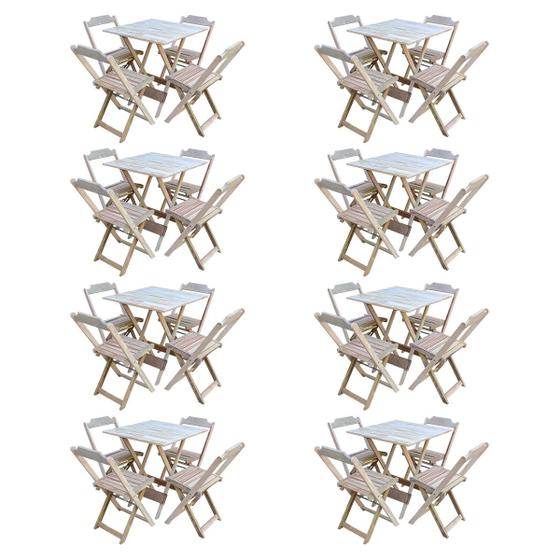Imagem de Kit 8 Conjuntos de Mesa com 4 Cadeiras de Madeira Dobravel 70x70 sem Pintura/crua
