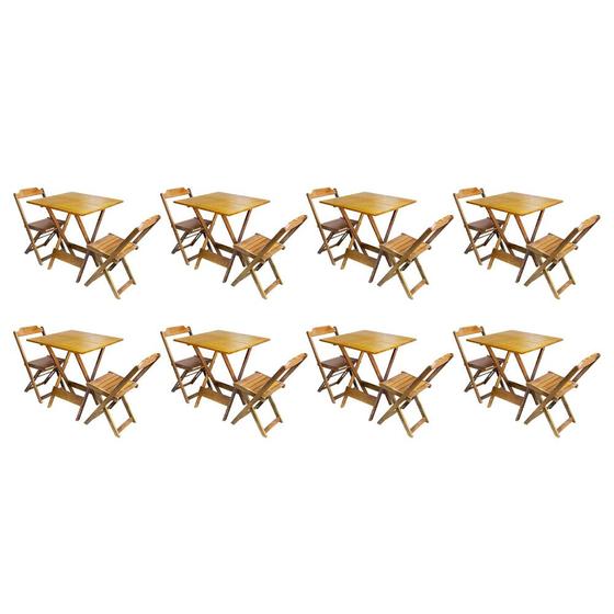 Imagem de Kit 8 Conjuntos de Mesa Dobravel com 2 Cadeiras de Madeira 70x70 - Mel