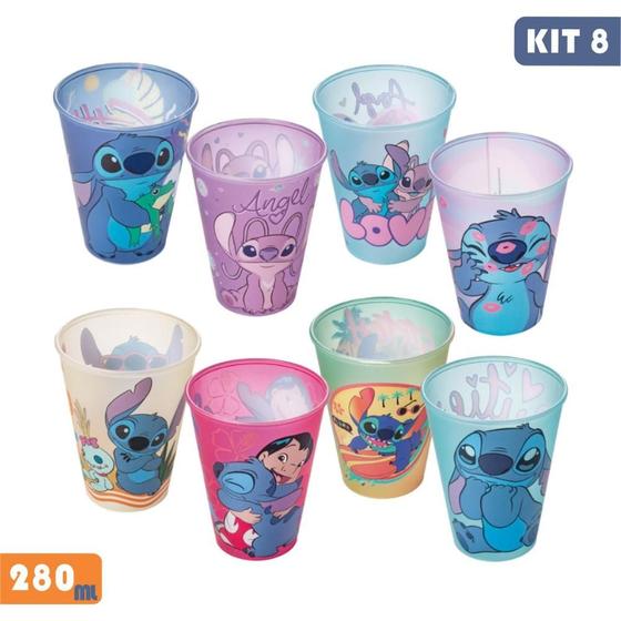 Imagem de Kit 8 copos Stitch 280 ml para lembrançinhas de aniversário colecionável reutilizável resistente