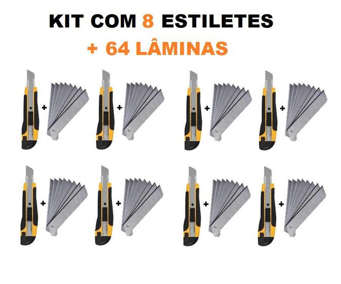 Imagem de KIT 8 Estilete Profissional Emborrachado 18mm + 64 Laminas