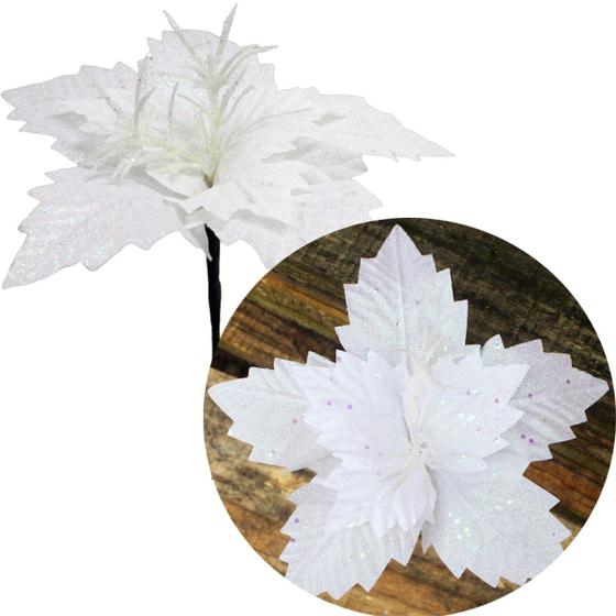 Imagem de Kit 8 Flores Artificial Gliter Branco Enfeite Natalino 25cm