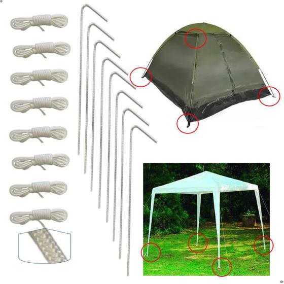 Imagem de Kit 8 Haste Estaca Gazebo Barracas Gancho Praia Camping com Corda