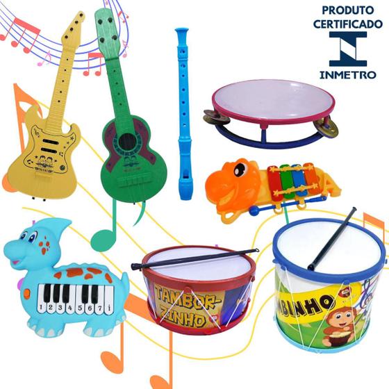 Imagem de Kit 8 Instrumentos Musical Violão Pandeiro Flauta Guitarra Bumbo Infantil Brinquedo Banda