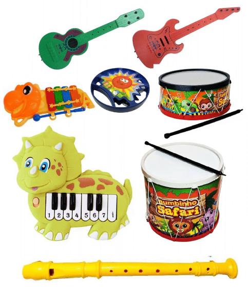 Imagem de Kit 8 Instrumentos Musical Violão Pandeiro Flauta Guitarra Bumbo Infantil Brinquedo Banda