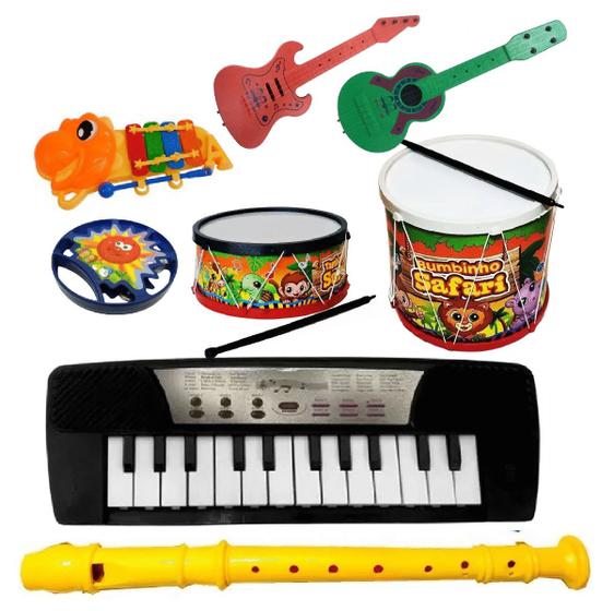 Imagem de Kit 8 Instrumentos Musical Violão Pandeiro Flauta Guitarra Bumbo Infantil Brinquedo Banda