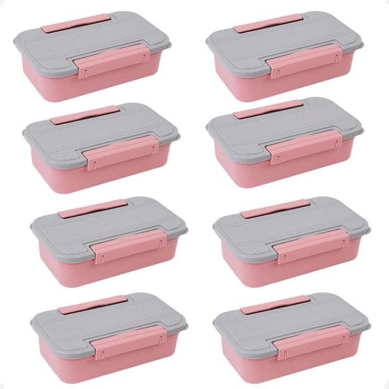Imagem de Kit 8 Marmita E Pote 2 Em 1 Rosa Com Travas Laterais 780Ml