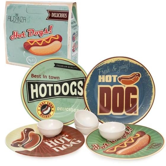 Imagem de Kit 8 Peças 4 Pratos de Sobremesa Hot Dog Collection C/ 4 Mini Molheiras Alleanza