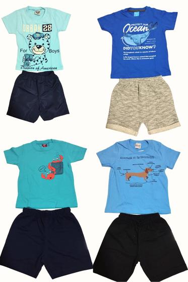 Imagem de Kit 8 Peças de Roupas Infantil Masculina - 4 Camisetas + 4 Bermudas