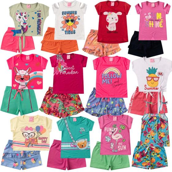 Imagem de Kit 8 Peças de Roupas Infantil Menina - 4 Camisetas + 4 Bermudas  - Kit com 4 Conjuntos