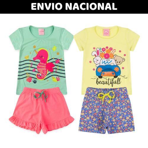 Imagem de Kit 8 Peças de Roupas Infantil Menina - 4 Camisetas + 4 Shorts - Kit com 4 Conjuntos ENVIO IMEDIATO 