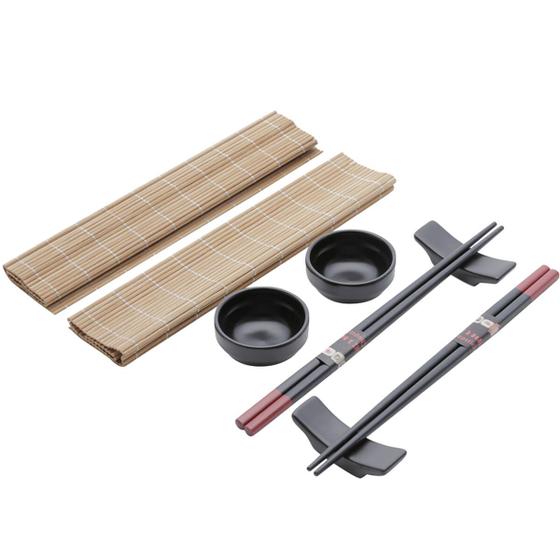 Imagem de Kit 8 Peças para Sushi Lyor Esteira Molheira Suporte e Hashi Shoyo Yokohama Cerâmica Bambu