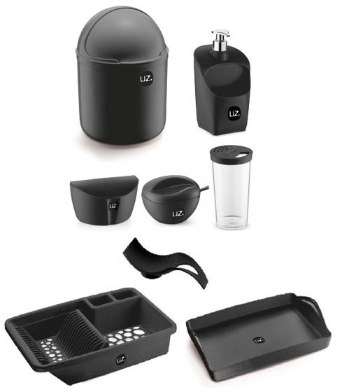 Kit 8 Peças Utensílios Para Cozinha Com Lixeira e Porta Detergente Bpa Free UZ Menor preço em Kit 8 Peças Utensílios Para Cozinha Com Lixeira e Porta Detergente Bpa Free UZ