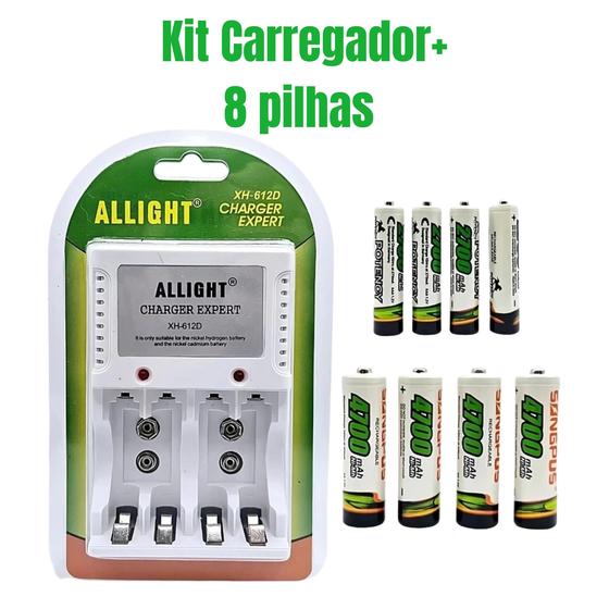 Kit 8 Pilhas Recarregáveis Carregador Rápido Bivolt AA / AAA - ALLIGHT Imagem de Kit 8 Pilhas Recarregáveis Carregador Rápido Bivolt AA / AAA