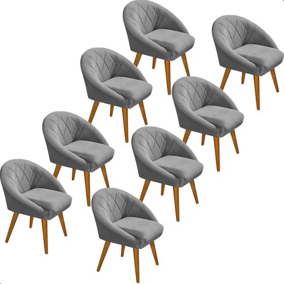Imagem de Kit 8 Poltrona Sala Decorativa Louis Veludo Cinza Pés Palito Castanho