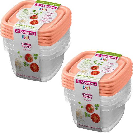 Imagem de Kit 8 Pote Sanremo Quadrado 360ml Vai Freezer Microondas Potinho Congelar Alimentos Vasilha Plástica BPA Free
