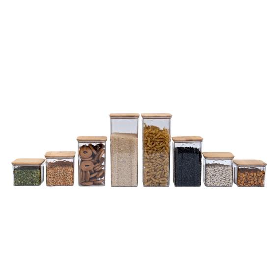 Imagem de kit 8 potes de acrílico com tampa de bambu quadrados - oikos