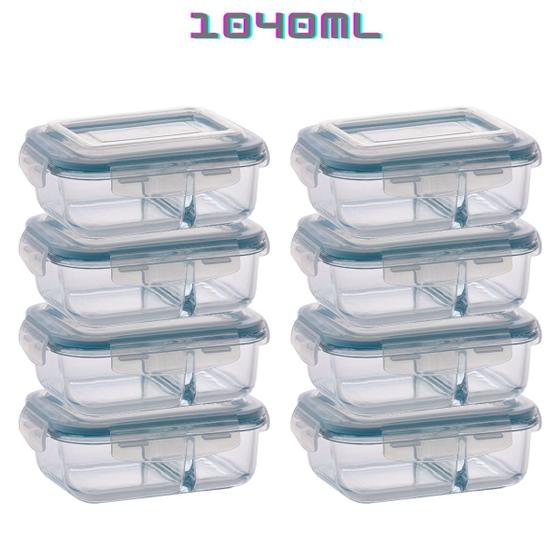 Imagem de Kit 8 Potes de Vidro com Divisória Marmita 4 Travas 1040ml