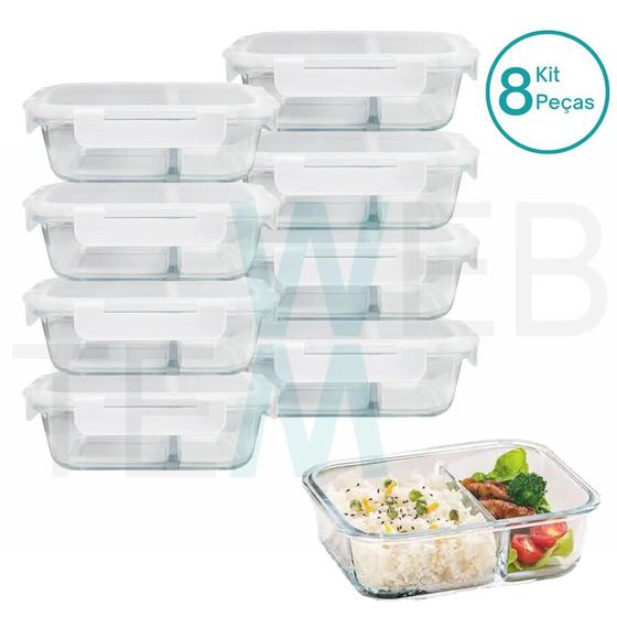 Imagem de Kit 8 Potes Hermético Marmita de Vidro Retangular Com Divisória 700ml Com Tampa BPA Free: Cozinha Organizada, Sustentabilidade e Alimentos Frescos