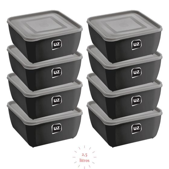 Imagem de Kit 8 Potes Plastico Preto Quadrado 2,5L Linha Gourmet