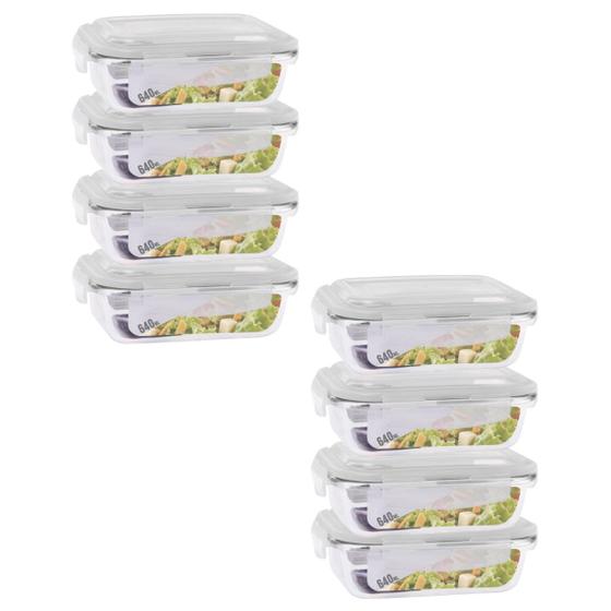 Imagem de Kit 8 Potes Retangular 4 Travas Marmita Canelado 640ml