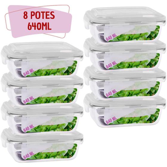 Kit 8 Potes Tampa Hermetica 4 Travas Retangular Vidro 640ml Menor preço em Kit 8 Potes Tampa Hermetica 4 Travas Retangular Vidro 640ml