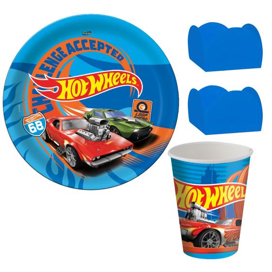 Imagem de Kit 8 Prato 8 Copo 100 Forminhas Descartável Hot wheels