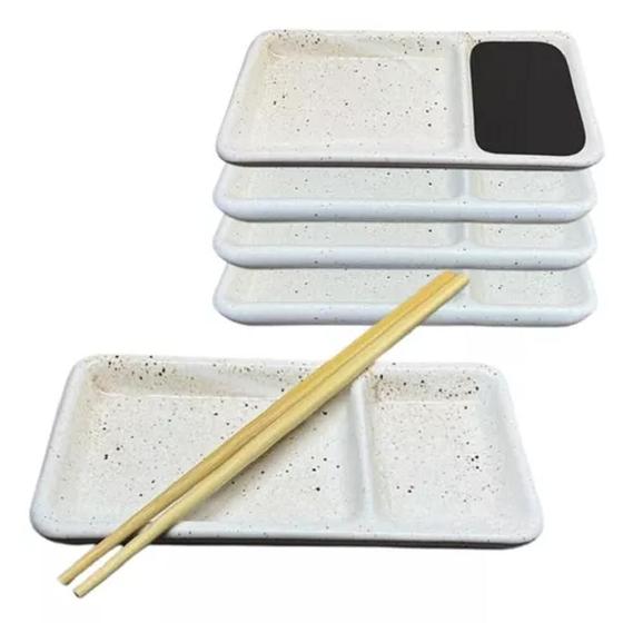 Imagem de Kit 8 Prato individual Sapporo com Divisória de shoyu Creme Porcelana Resistente