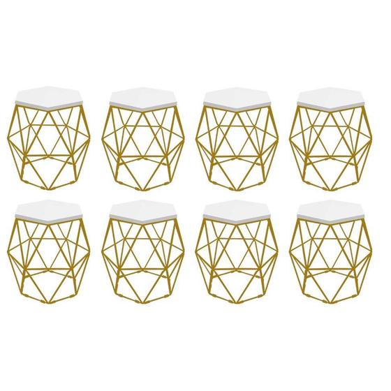 Imagem de Kit 8 Puff Banqueta Luna Decorativo Sala Quarto Ferro Dourado Assento MDF Branco - Ahazzo Móveis