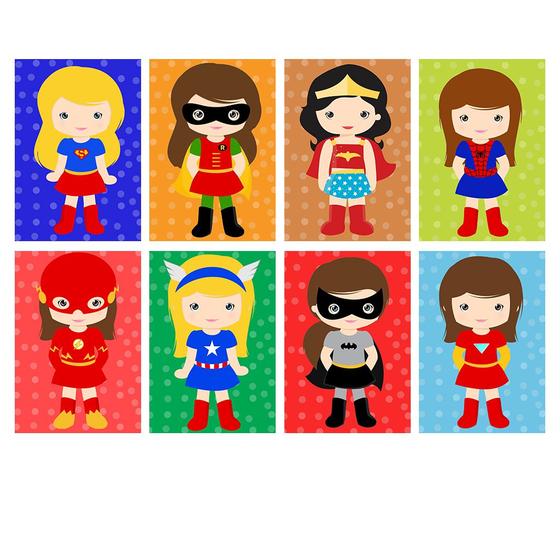 Imagem de Kit 8 quadros super heroinas mulher maravilha batgirl flash quadro infantil avengers